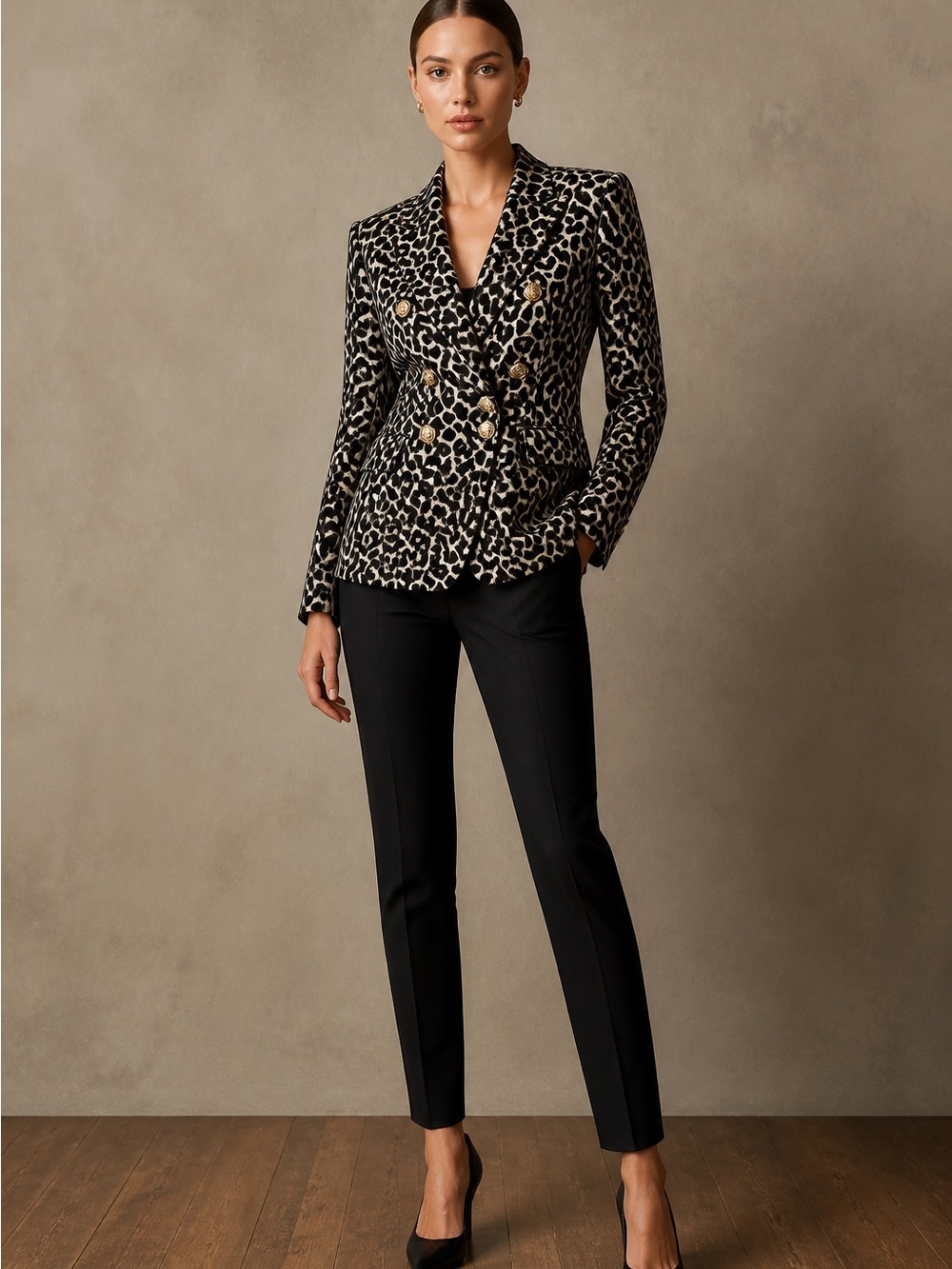 BOSTON PROPER Leopard Print Double Breasted Blazer Jacket Sz 2 Neutral Jacquard